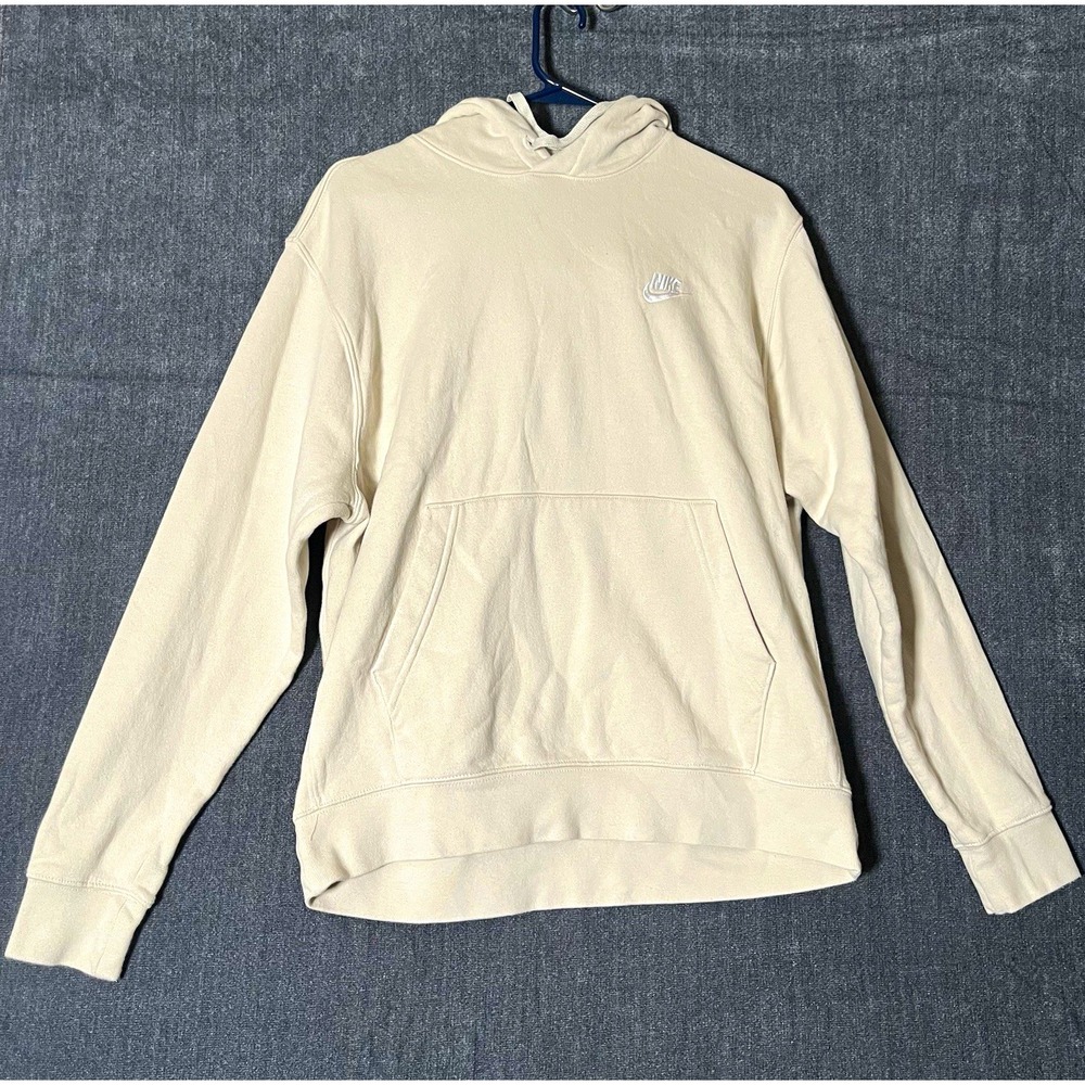 Nike Mens M Beige Fleece Pullover Hoodie Logo Pockets Drawstring Regular Fit